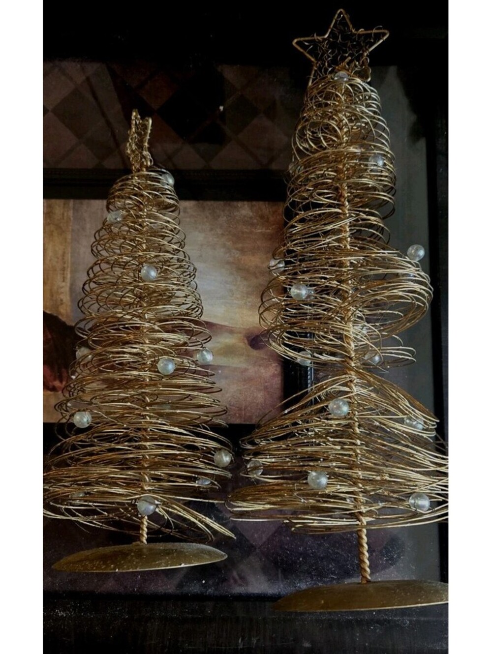 2 Metal Spiral Wire Gold Tabletop Christmas Tree 16" & 12" Tall Decorative Beads